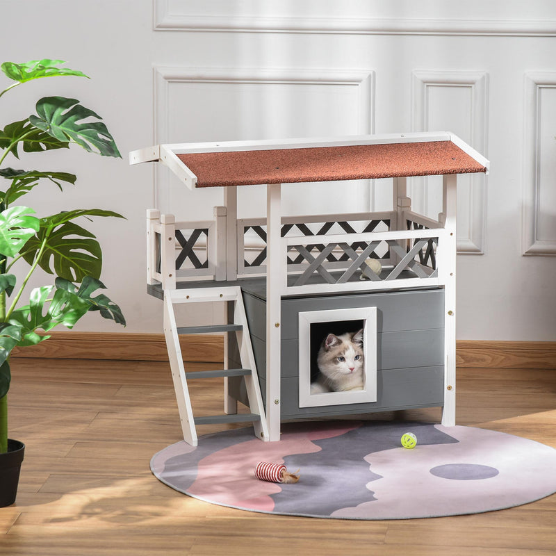 Cuccia per Gatti 77x50x73 cm con Terrazza e Scaletta Grigia