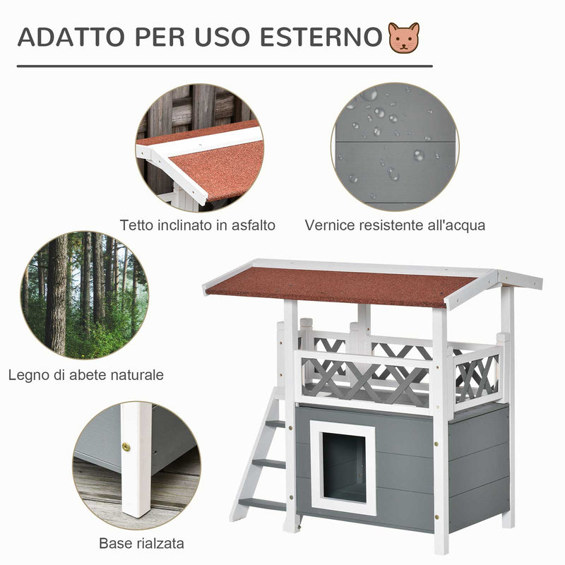 Cuccia per Gatti 77x50x73 cm con Terrazza e Scaletta Grigia