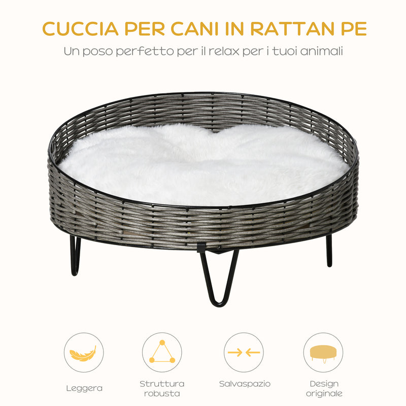 Cuccia per Cani e Gatti Rialzata Ø60x32 cm in Rattan Grigio Scuro