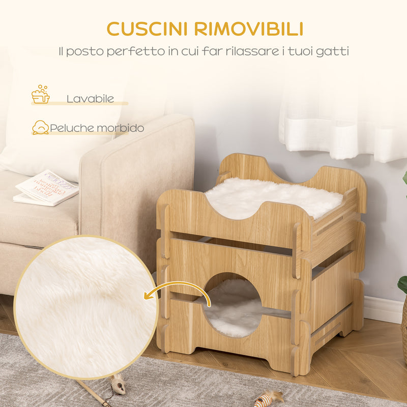 Cuccia per Gatti 50x50x50 cm 2 Piani con Cuscini in Legno Rovere