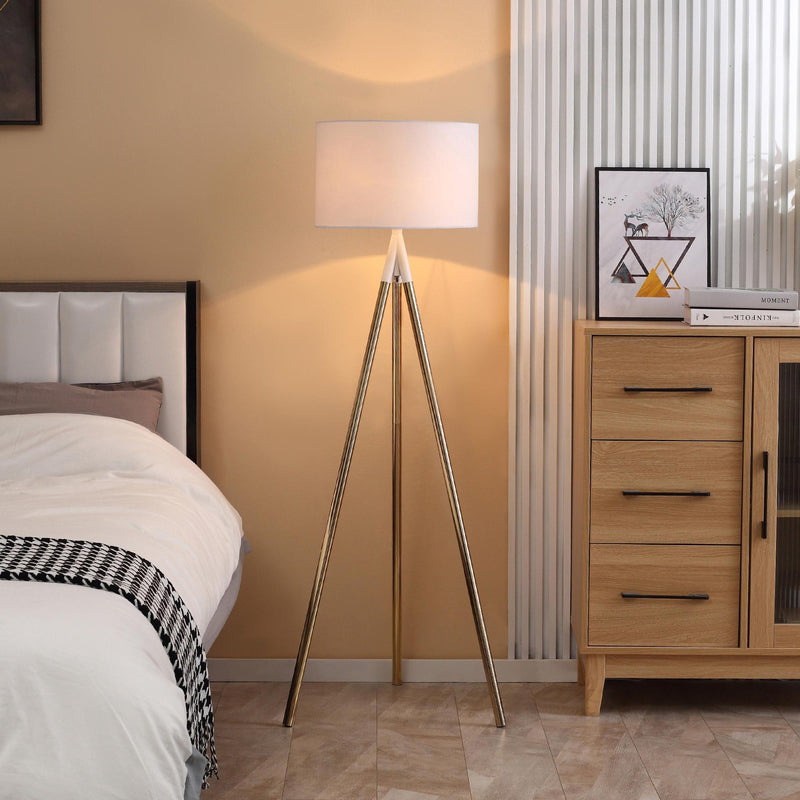 Lampada da Terra 53x53x144 cm E27 Paralume in Tessuto Bianco e Oro