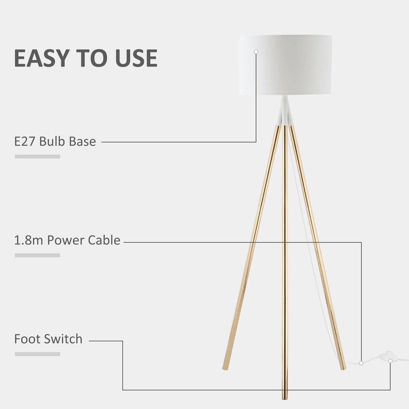 Lampada da Terra 53x53x144 cm E27 Paralume in Tessuto Bianco e Oro