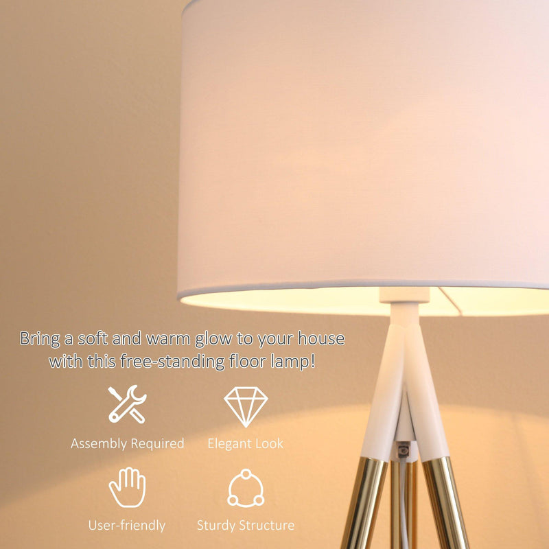 Lampada da Terra 53x53x144 cm E27 Paralume in Tessuto Bianco e Oro