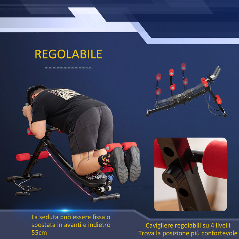 Panca Addominalli 2 in 1 117x46x70 cm con Bande Elastiche e Monitor LCD Nera