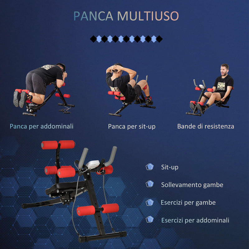 Panca Addominalli 2 in 1 117x46x70 cm con Bande Elastiche e Monitor LCD Nera