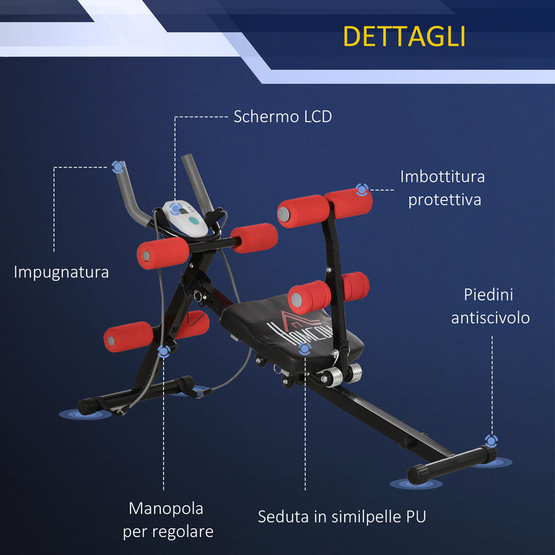 Panca Addominalli 2 in 1 117x46x70 cm con Bande Elastiche e Monitor LCD Nera