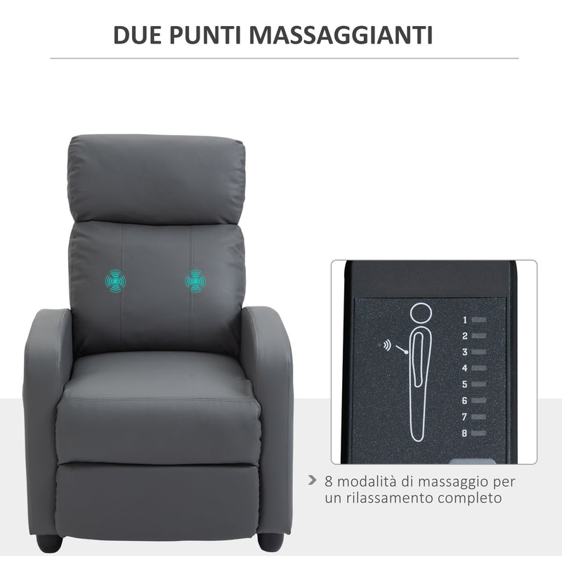 Poltrona Relax Massaggiante 68x88x98 cm con Telecomando in Similpelle Grigio