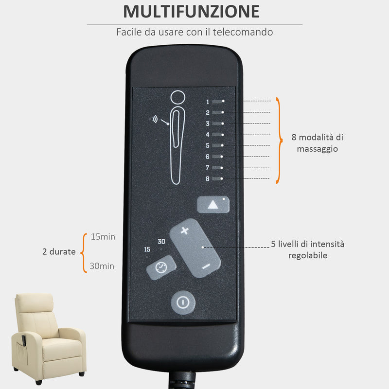 Poltrona Relax Massaggiante 68x88x98 cm con Telecomando in Similpelle Crema