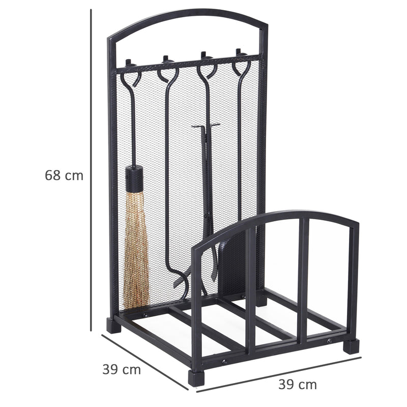Portalegna per Camino con 4 Attrezzi 39x39x68 cm in Metallo Nero