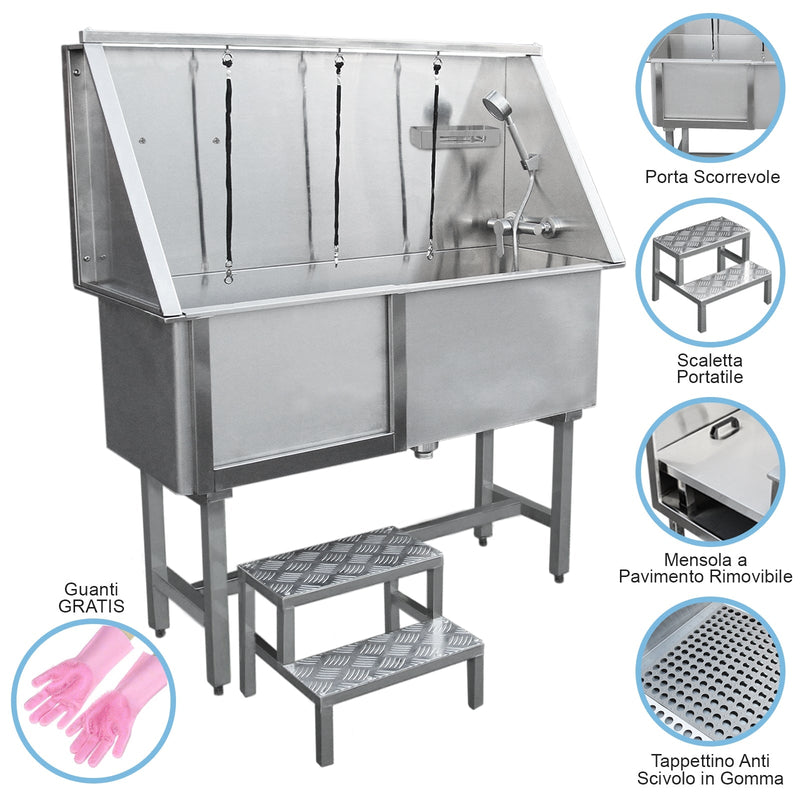Vasca per Toeletta 127x47,5x136 cm Professionale con Accessori in Acciaio 