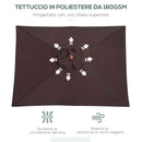 Ombrellone da Giardino Rettangolare Inclinabile 200x150x235H cm Apertura a Corda Caffè 