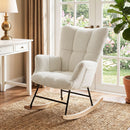 Sedia a Dondolo Imbottita 66x90x90 cm con Tasche Laterali e Schienale Alto in Velluto Teddy Bianco Crema      