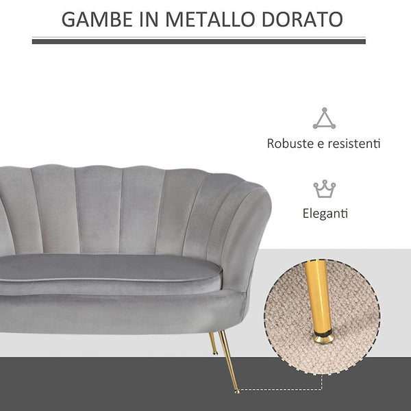 acquista Divano salotto 122x73x78 cm 2 Posti in Velluto Seduta a Conchiglia Lola Grigio