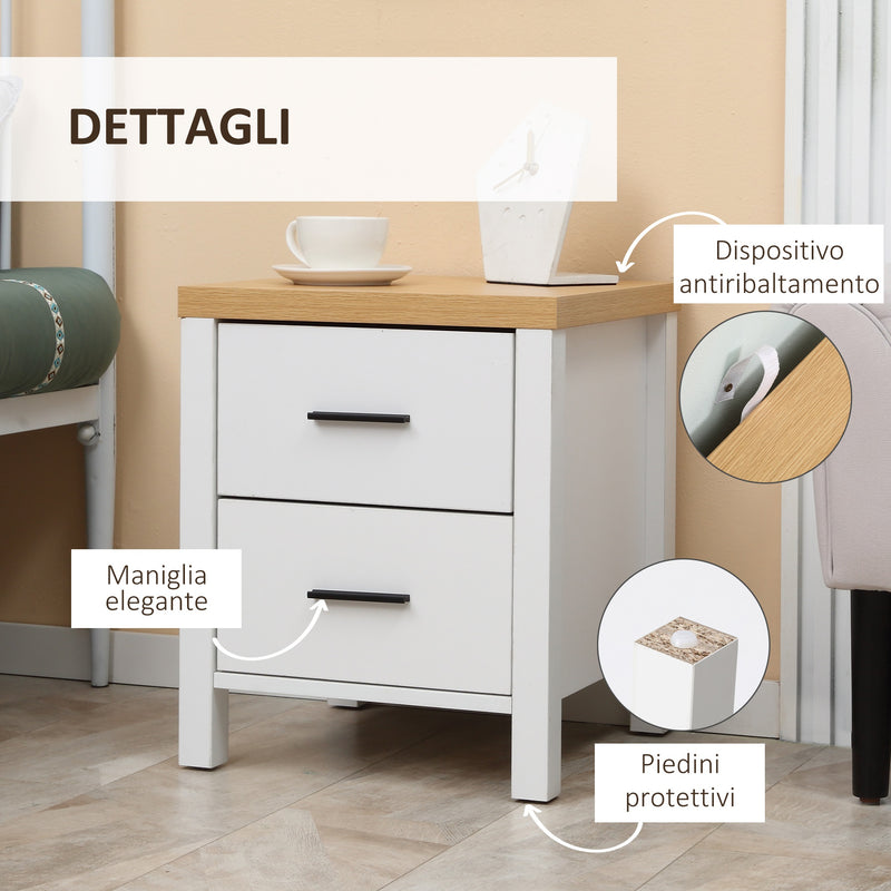Comodino 2 Cassetti 40x39x48 cm in MDF Bianco