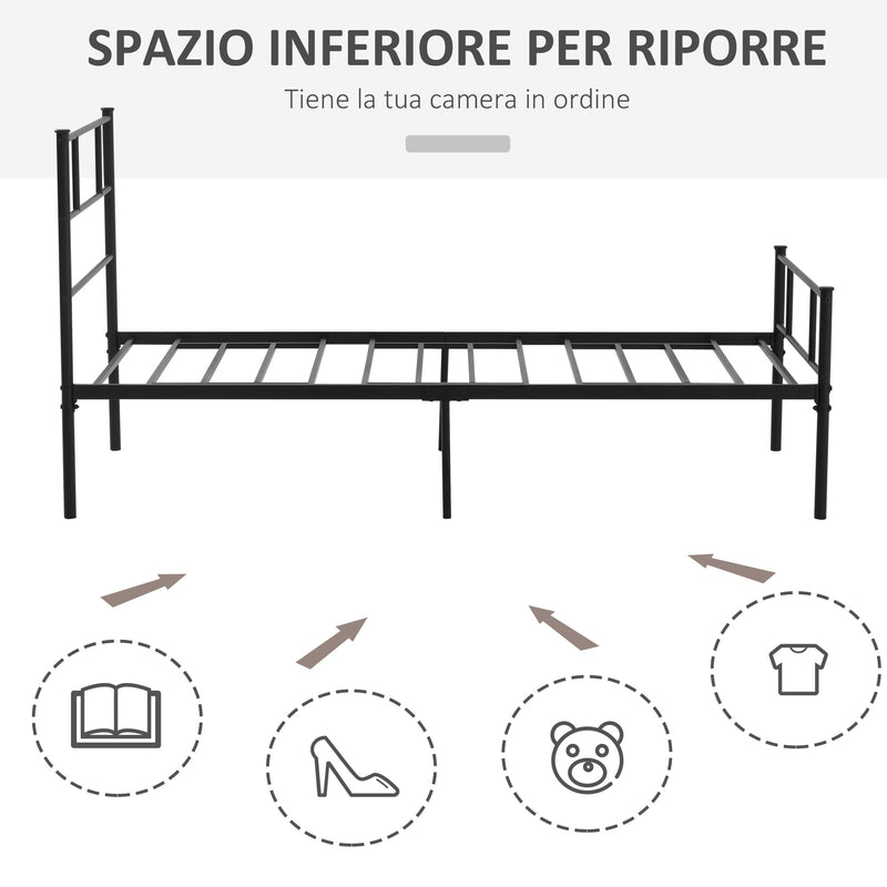 Struttura Letto Singolo 90x200 cm in Acciaio con Doghe Integrate Nero