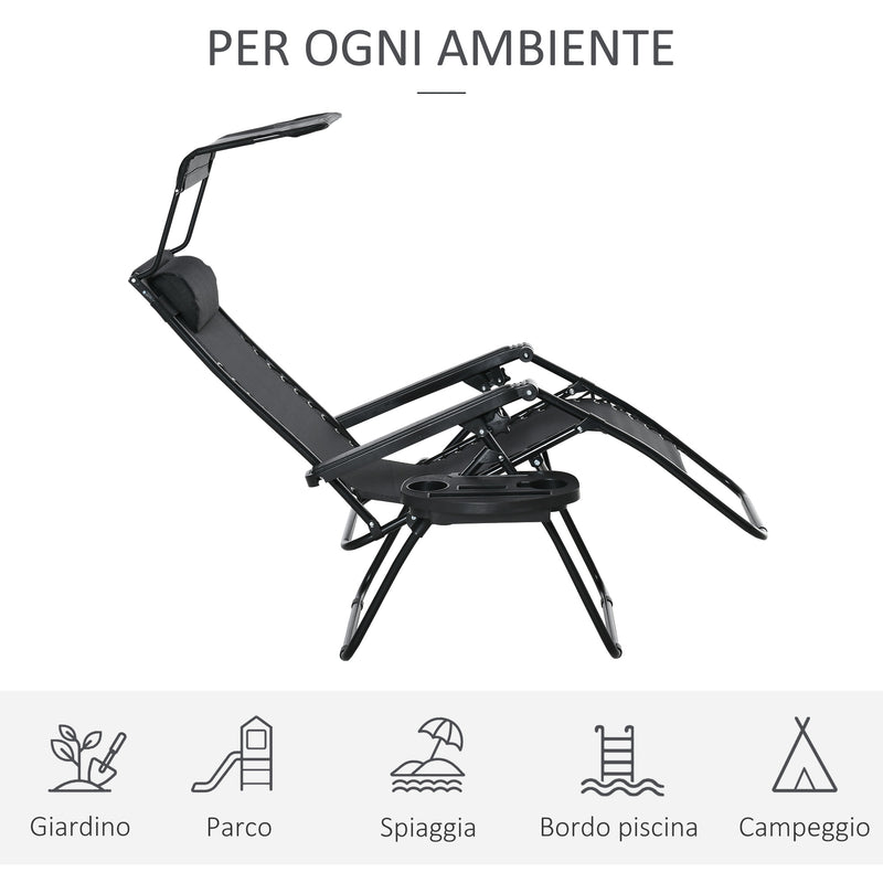 Sedia Sdraio Zero Gravity 90x67x110 cm con Tettuccio e Portabicchieri Nero