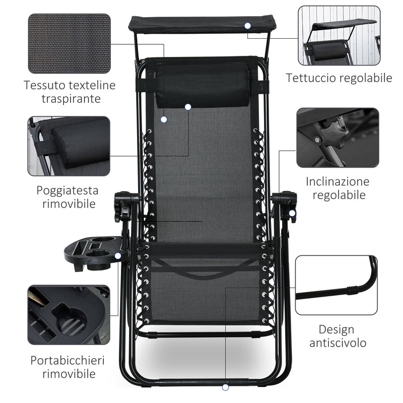Sedia Sdraio Zero Gravity 90x67x110 cm con Tettuccio e Portabicchieri Nero