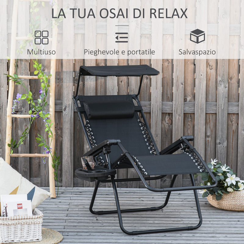 Sedia Sdraio Zero Gravity 90x67x110 cm con Tettuccio e Portabicchieri Nero
