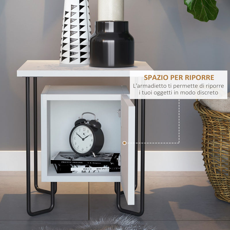 Comodino con Armadietto e Mensola 40x40x45 cm in Legno e Metallo Bianco