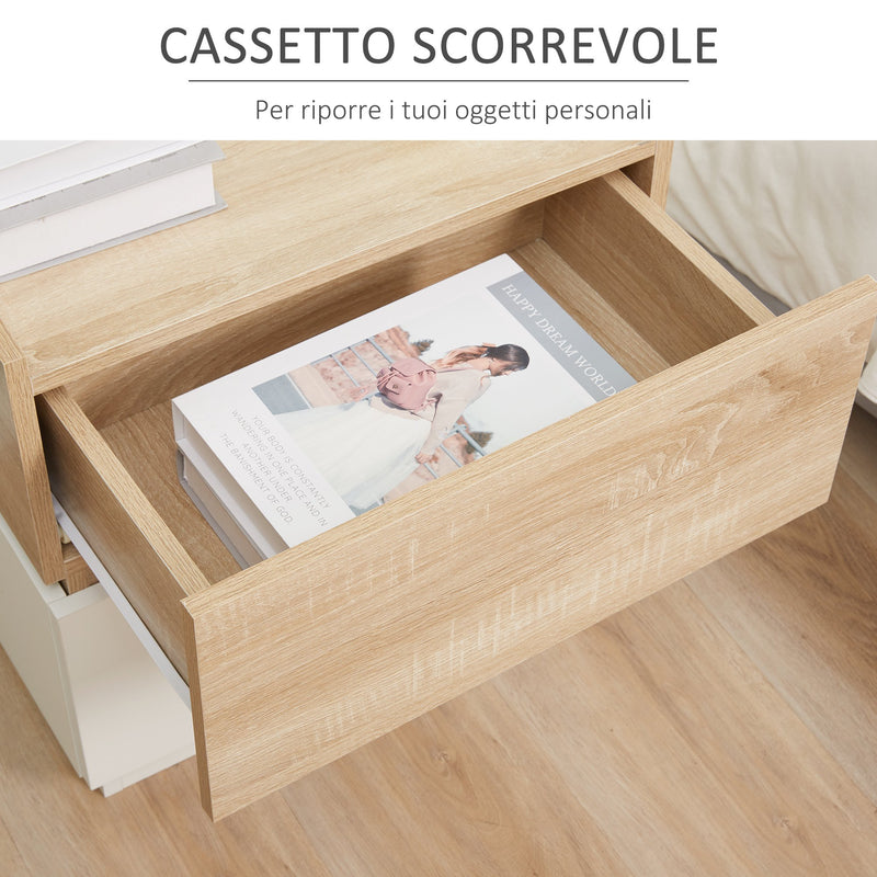 Comodino 2 Cassetti 50x40x47,5 cm Design Moderno Nature Wood e Bianco