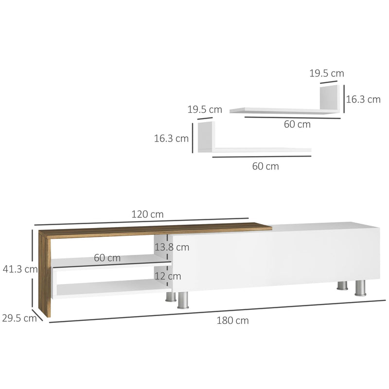 Mobile TV 180x29.5x41,3 cm con Mensole e Armadietto in Legno Bianco