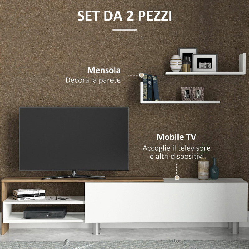 Mobile TV 180x29.5x41,3 cm con Mensole e Armadietto in Legno Bianco