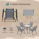 Set Tavolo e 4 Sedie Pieghevoli da Giardino in Acciaio Piano in Vetro e Sedute in Tessuto Nero