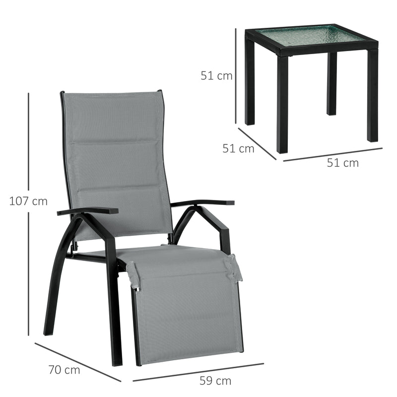 Set Tavolino e 2 Sdraio Reclinabili da Giardino Tessuto a Rete e Cotone Grigio Scuro