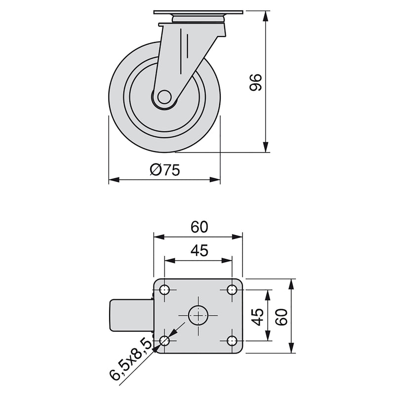 Kit 4 Ruote Slip per Carrello Ø7,5 cm con Piastra di Montaggio in Acciaio Emuca Grigi