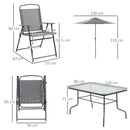 Set Tavolo e 6 Sedie Pieghevoli da Giardino con Ombrellone Piano in Vetro e Sedute in Tessuto Grigio