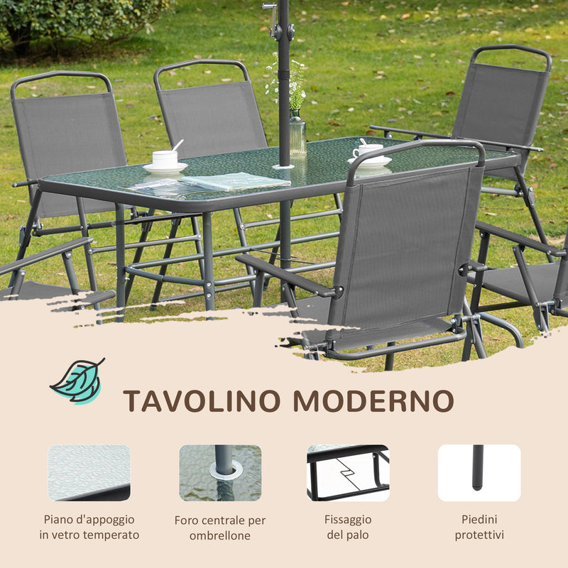 Set Tavolo e 6 Sedie Pieghevoli da Giardino con Ombrellone Piano in Vetro e Sedute in Tessuto Grigio