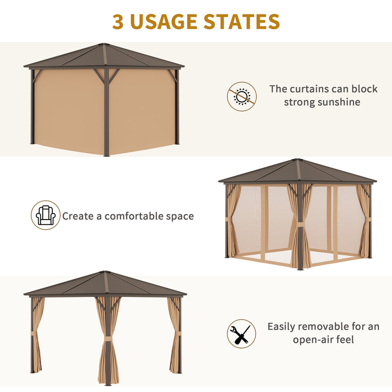Gazebo da Giardino con Zanzariera Tende Laterali e Tetto Rigido 2,98x2,98m in Alluminio Marrone