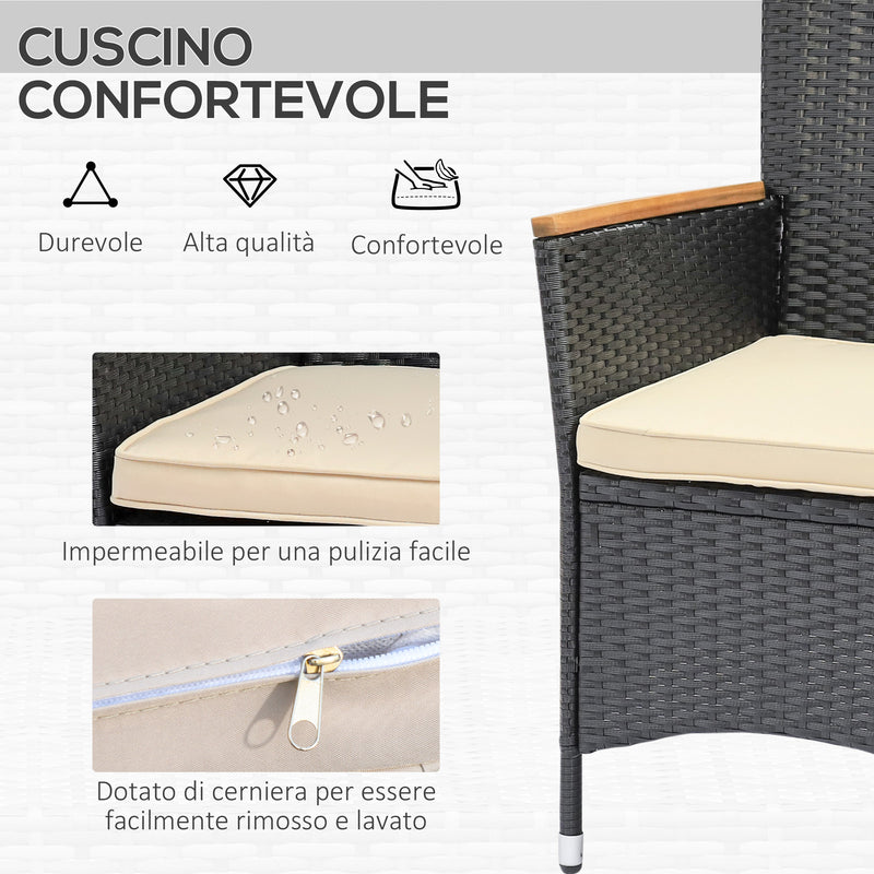 Set Tavolo e 6 Sedie Pieghevoli da Giardino con Cuscini Morbidi in PE Rattan e Legno Nero