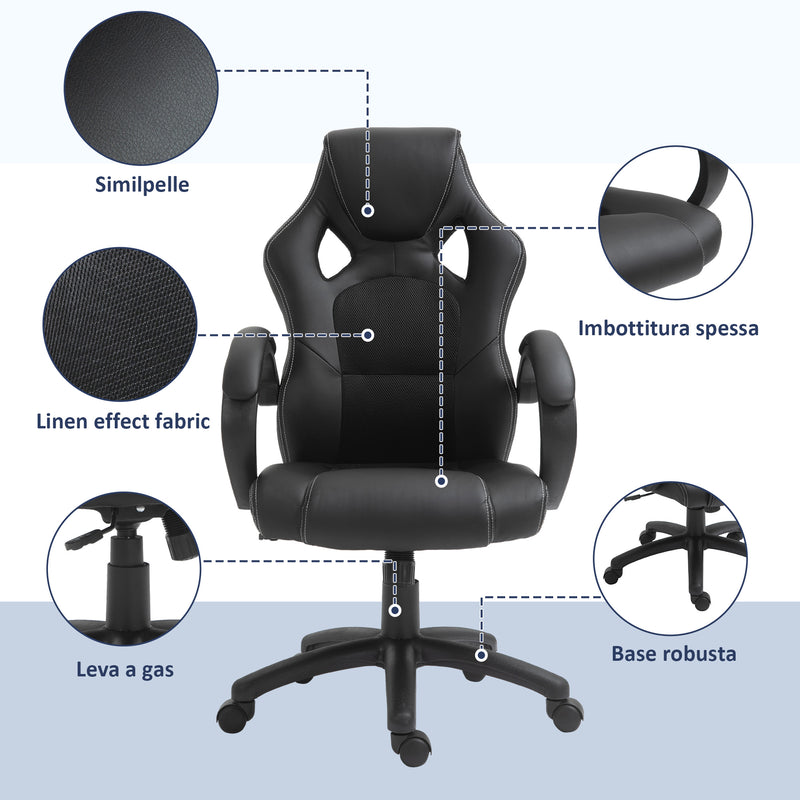 Sedia da Gaming 51x61x108-118 cm in Similpelle Nero