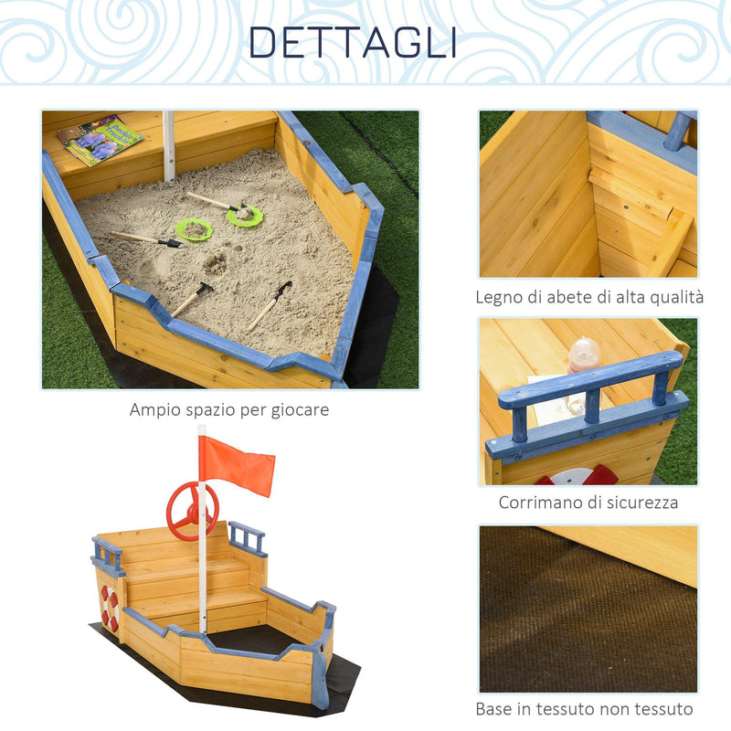 Sabbiera da Esterno per Bambini a Forma di Nave 158x78x45,5 cm con Contenitore in Legno