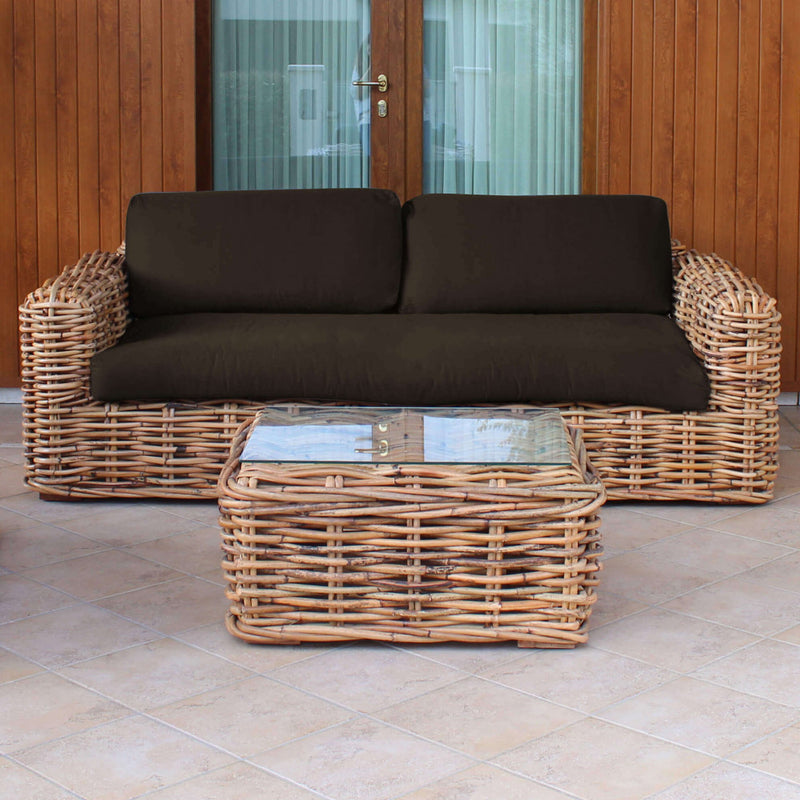 Divano Polinesia 2 Posti con Cuscini 75x194x105 cm in Rattan Marrone