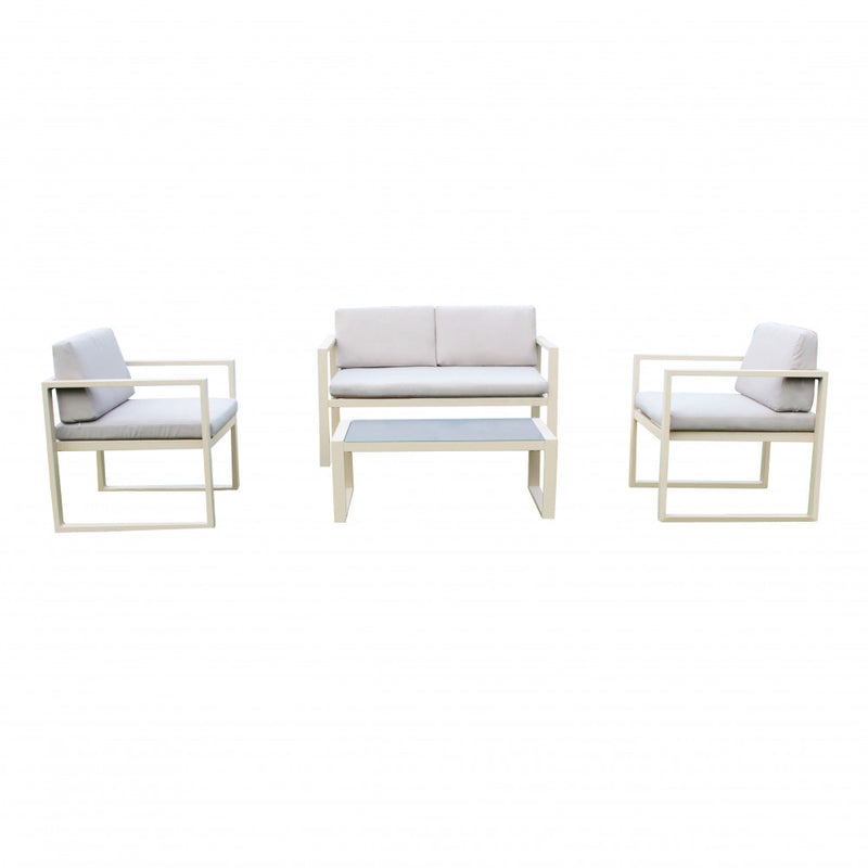 Set Salotto da Giardino Divano 2 Poltrone e Tavolino con Cuscini in Alluminio Tortora