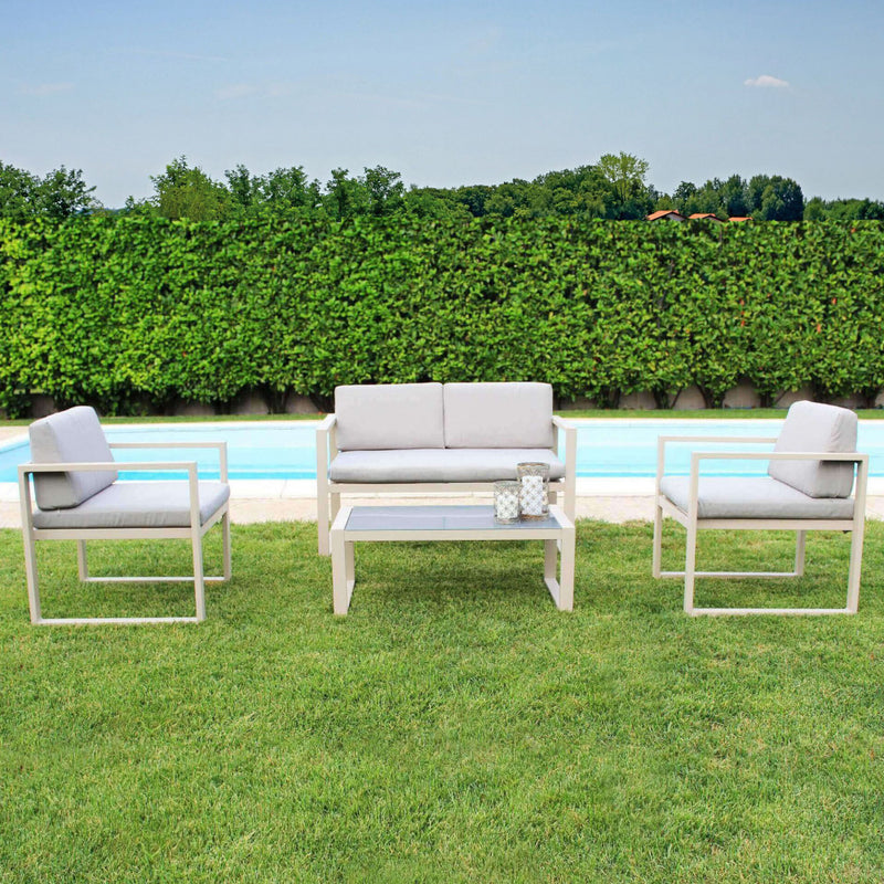 Set Salotto da Giardino Divano 2 Poltrone e Tavolino con Cuscini in Alluminio Tortora