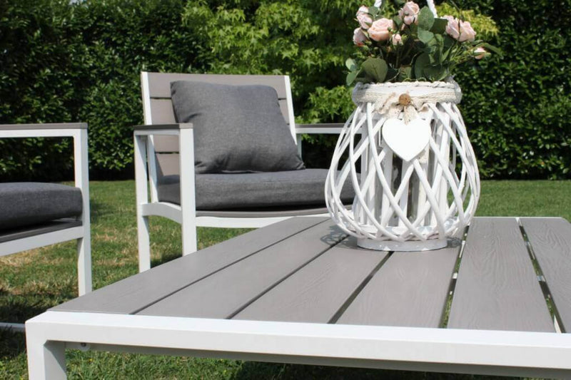 Set Salotto da Giardino Divano 2 Poltrone e Tavolino con Cuscini in Alluminio Bianco