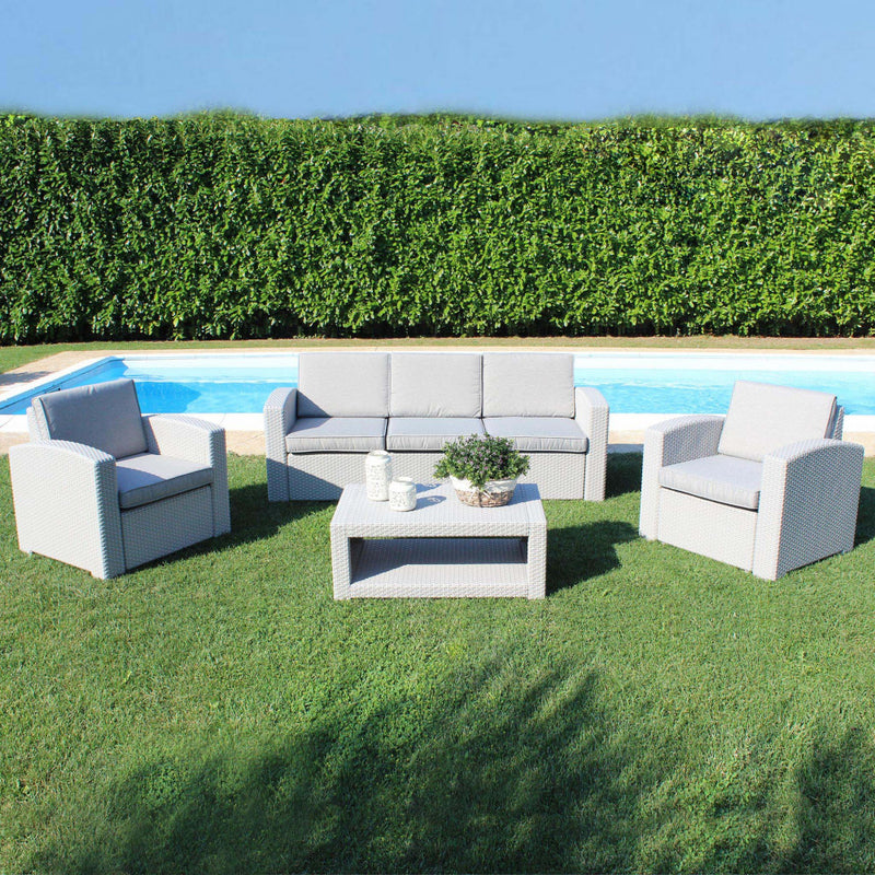 Set Salotto da Giardino Divano 2 Poltrone e Tavolino con Cuscini in Plastica Grigio