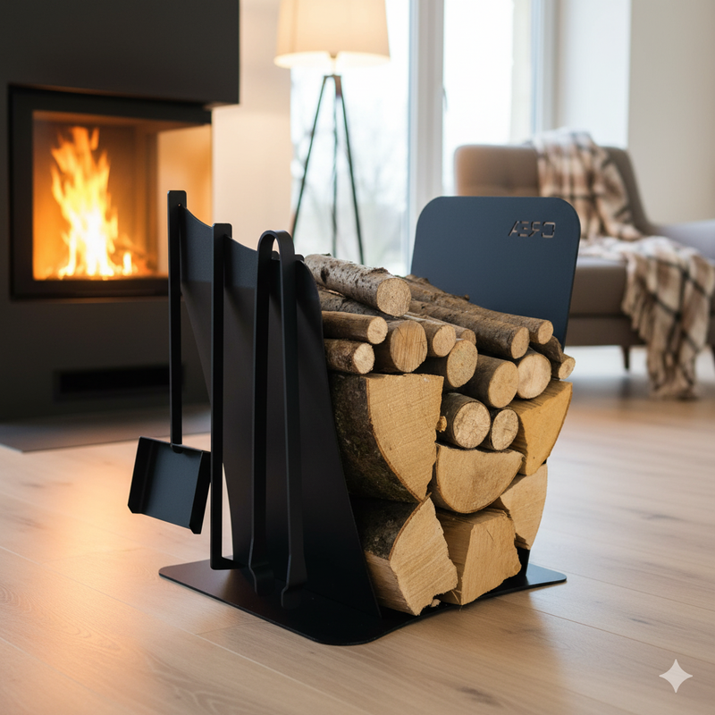 Portalegna per Camino da Interno con 3 Attrezzi 430X380X540 cm in Acciaio Crea Duna Nero