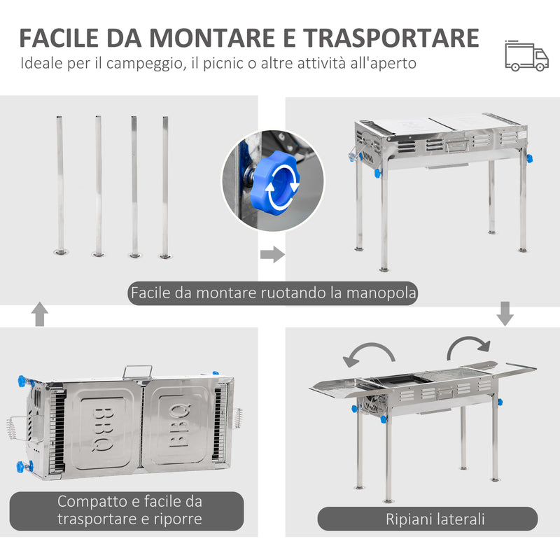 Barbecue a Carbone Carbonella 120x31x60-70 cm in Acciaio Inox Argento