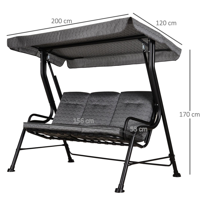 Dondolo 3 Posti 200x120x170 cm in Acciaio e Tessuto Nero