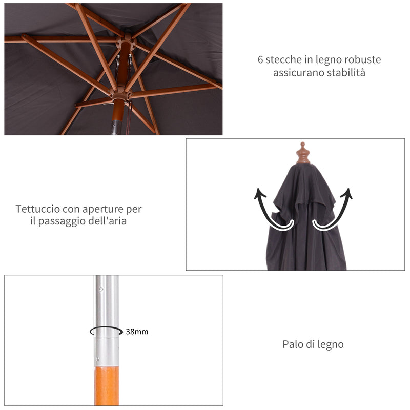 Ombrellone da Giardino 2x1,5 m Palo Ø38 mm in Legno e Poliestere Grigio Scuro