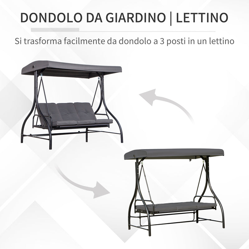Dondolo Letto 3 Posti 195x117x174 cm in Metallo e Poliestere Grigio