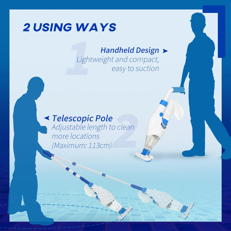Pulitore Aspiratore per Piscine a Batteria con Palo Telescopico Bianco e Blu