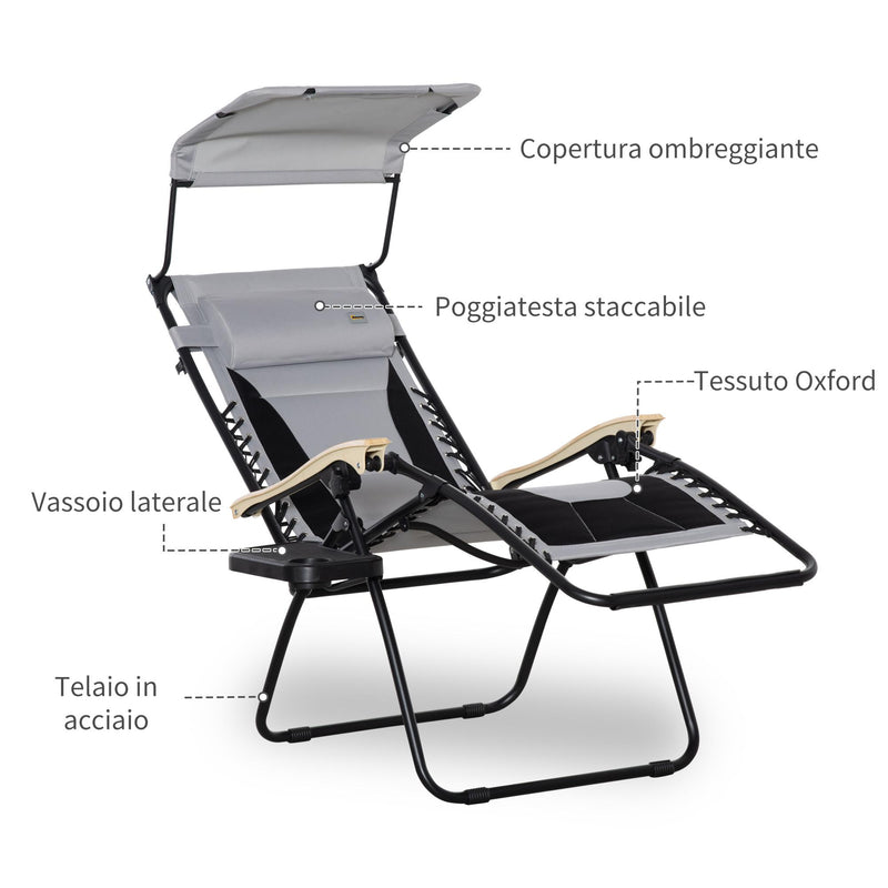 Sedia Sdraio Zero Gravity Reclinabile 89x65x113 cm in Acciaio e Tessuto Oxford Grigio Chiaro