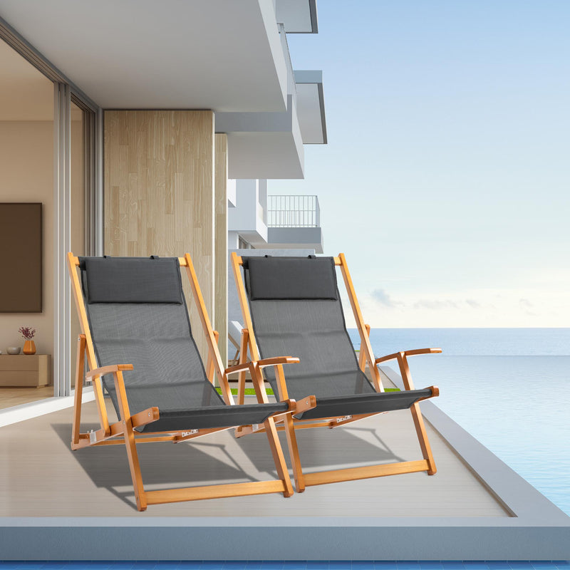 Set 2 Sedie a Sdraio da Giardino Pieghevoli in Legno e Tessuto a Rete Grigio