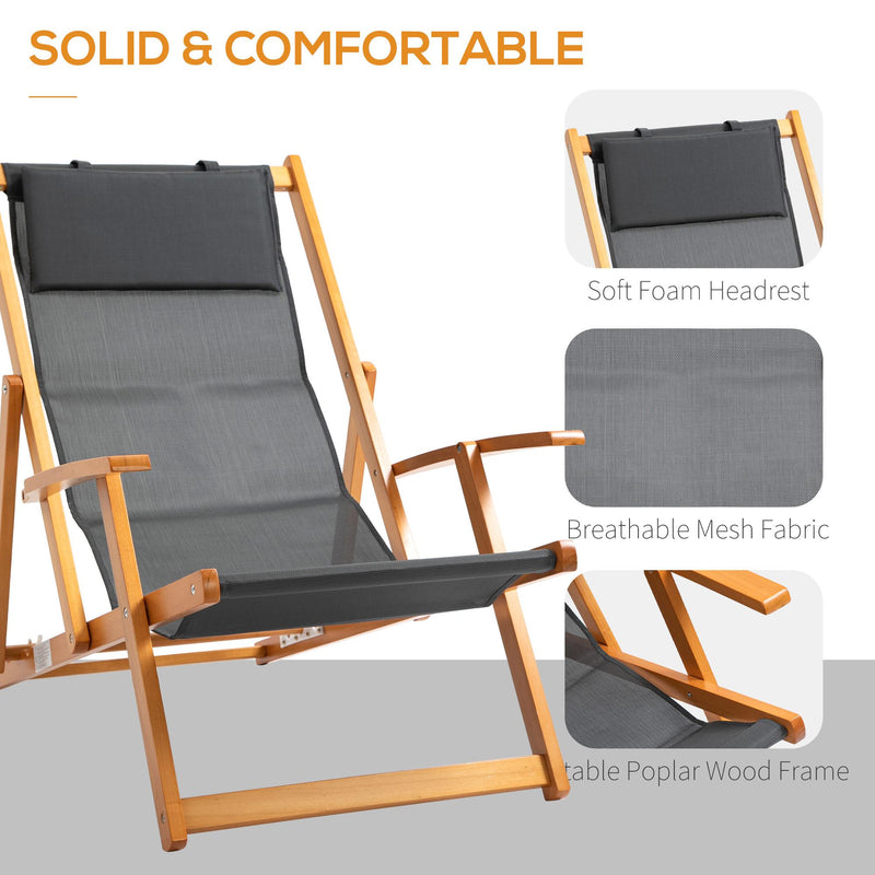 Set 2 Sedie a Sdraio da Giardino Pieghevoli in Legno e Tessuto a Rete Grigio