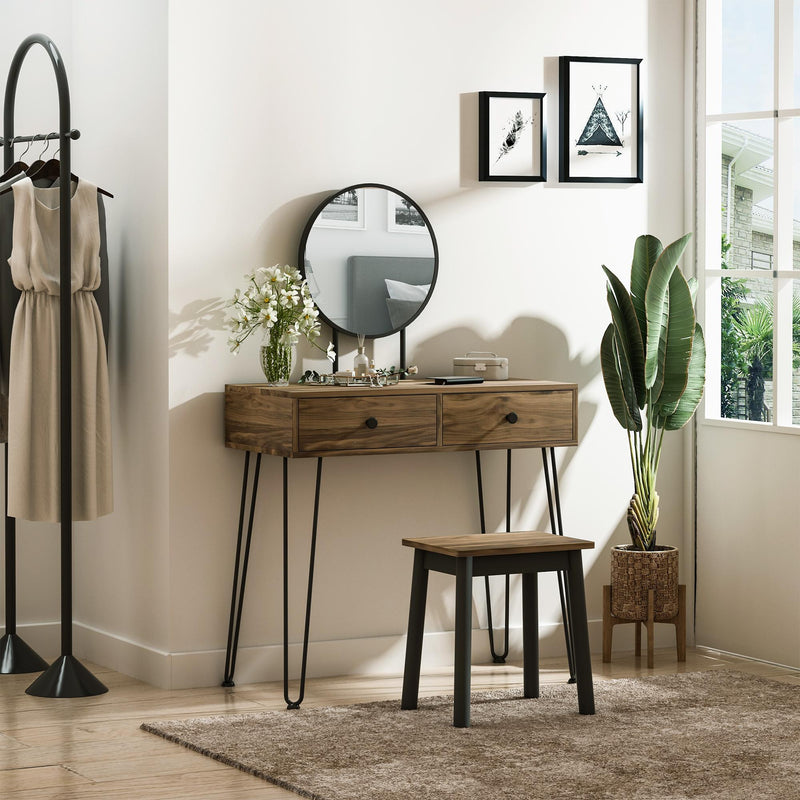 Consolle Trucco con Specchio e Sgabello in Legno e Metallo Color Noce